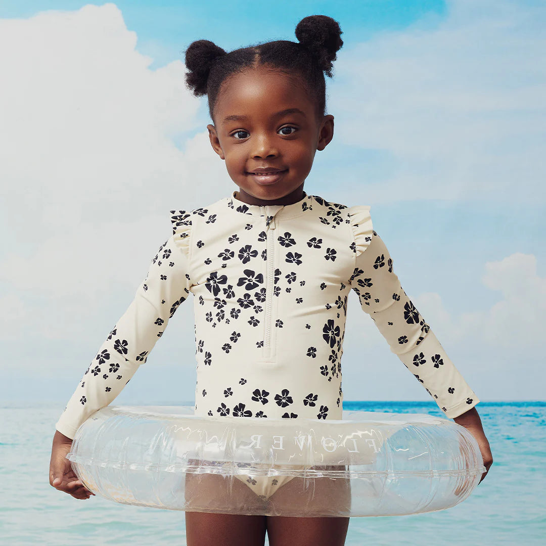 LONG-SLEEVE SWIMSUIT || FLOWERS ON BEIGE