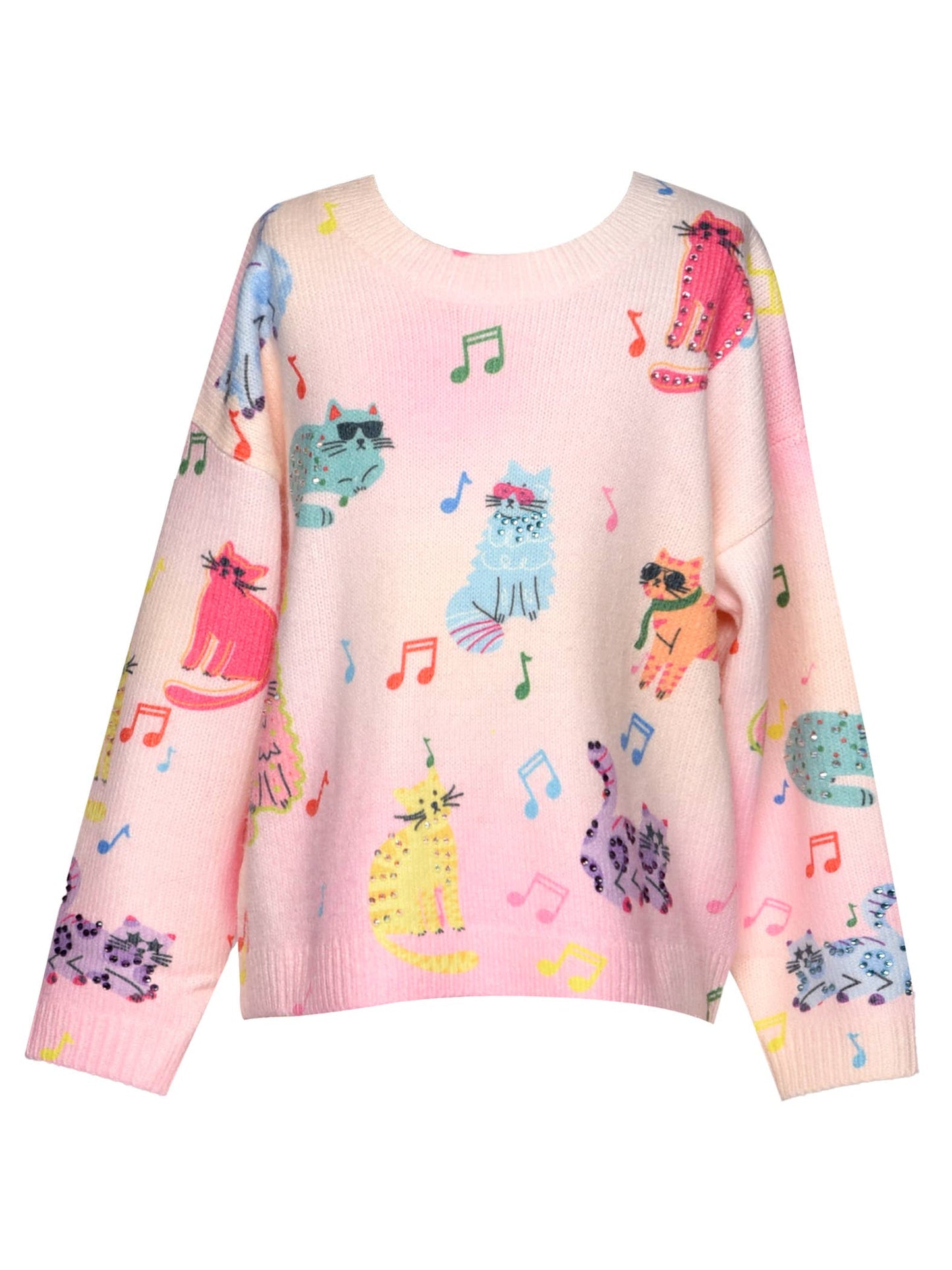 CAT PRINT SWEATER W/ RHINESTONES