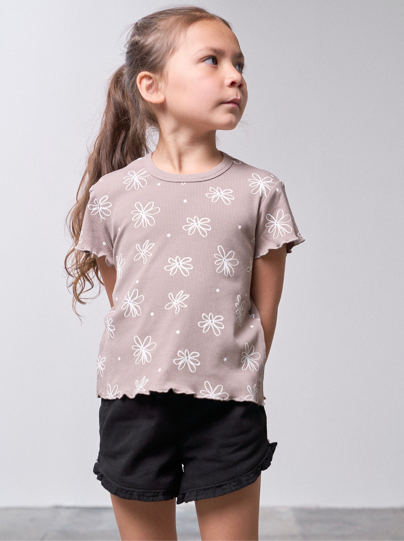 FLORAL RIBBED LETTUCE TRIM TEE