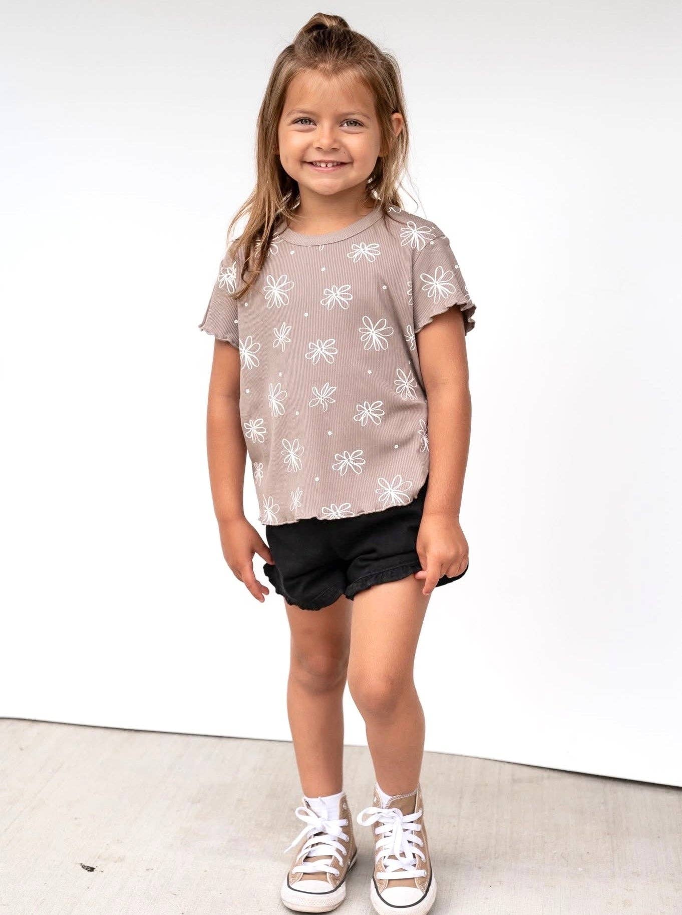 FLORAL RIBBED LETTUCE TRIM TEE