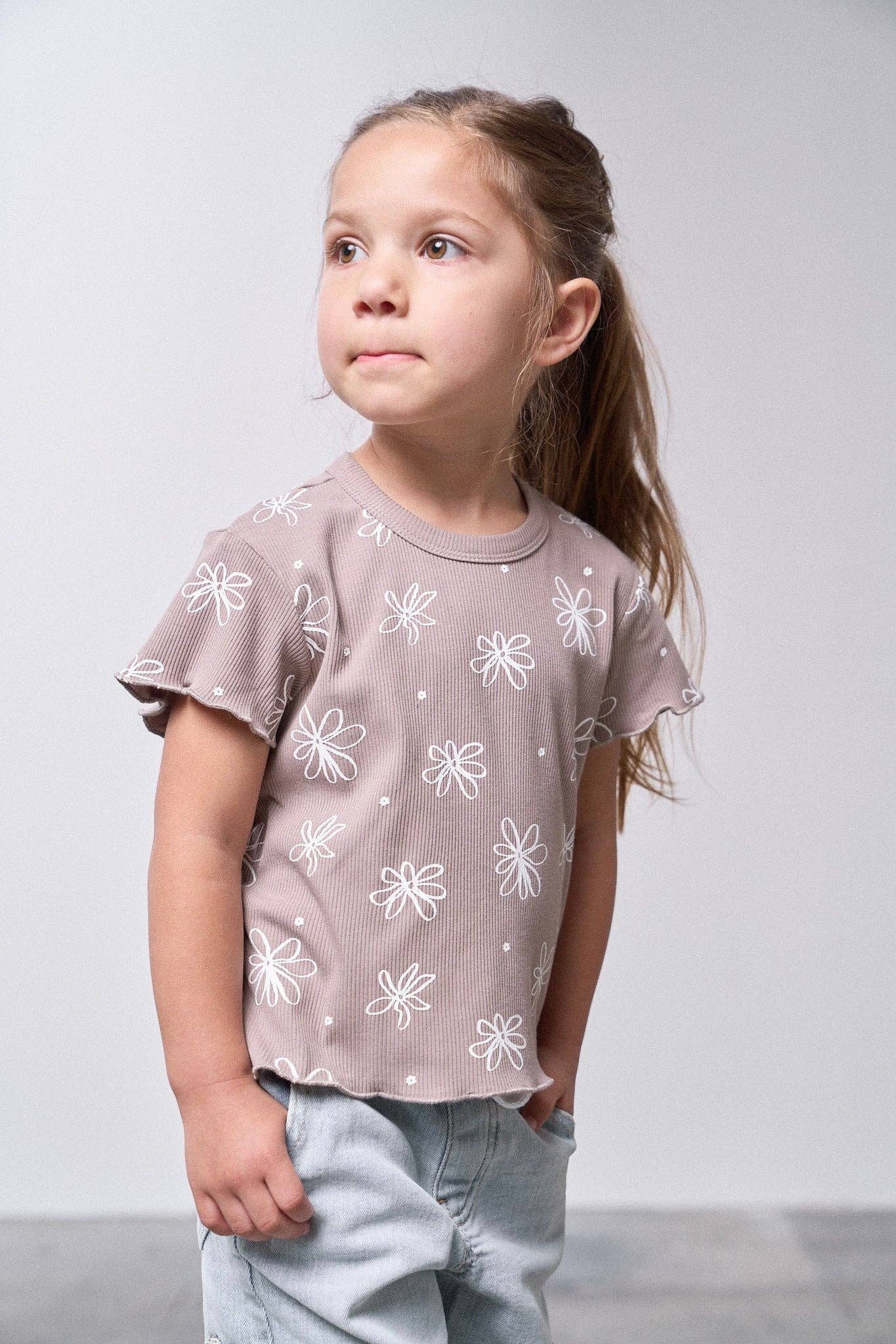 FLORAL RIBBED LETTUCE TRIM TEE