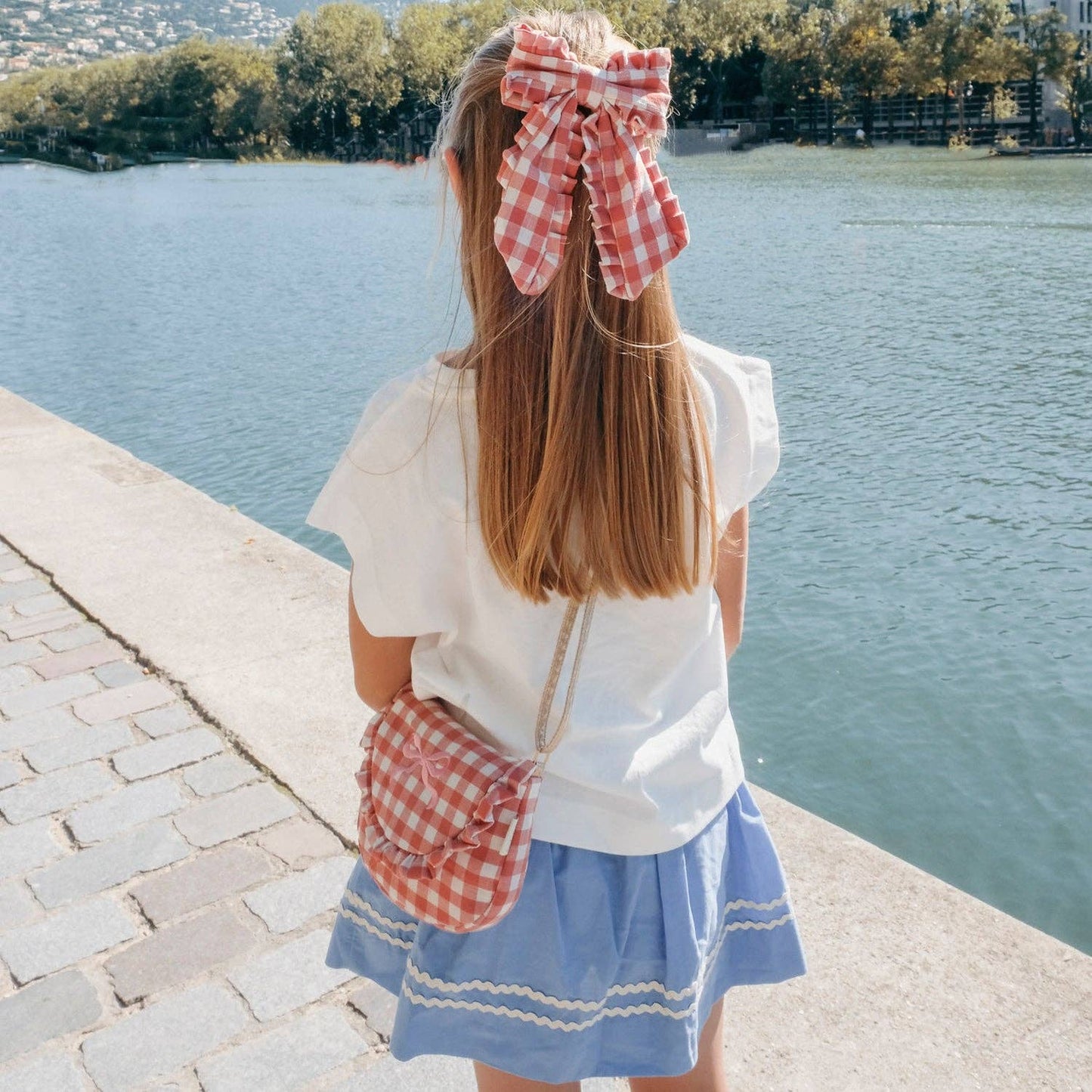 GINGHAM RUFFLE LONG BOW CLIP
